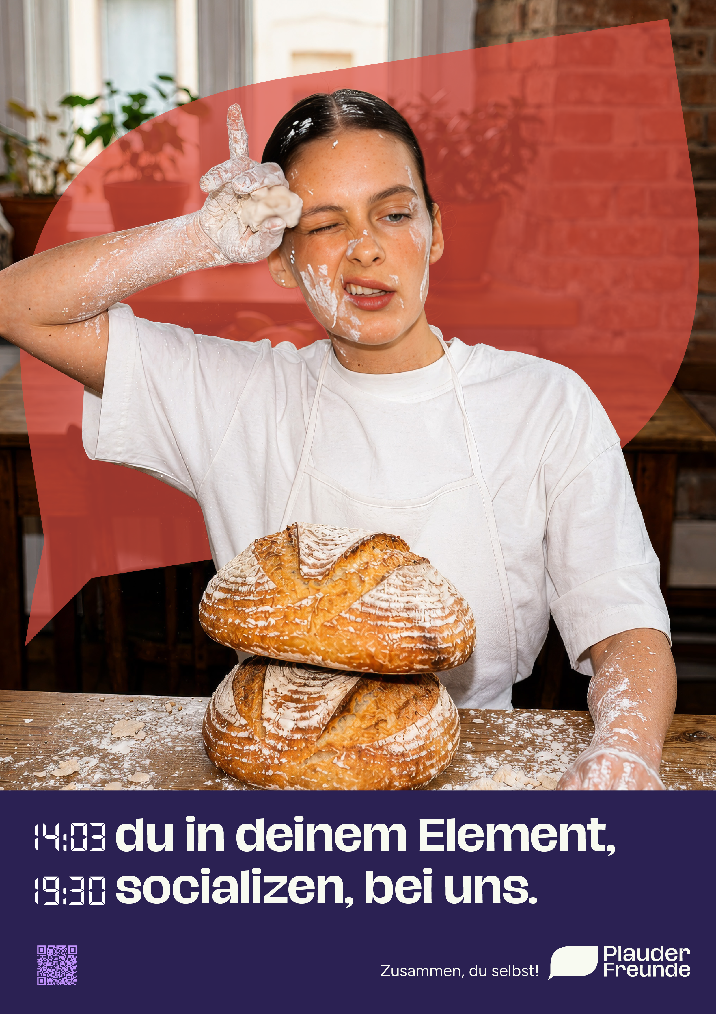 Plauderfreunde Kampagnenmotiv mit der Headline: du in deinem Element, socializen, bei uns.